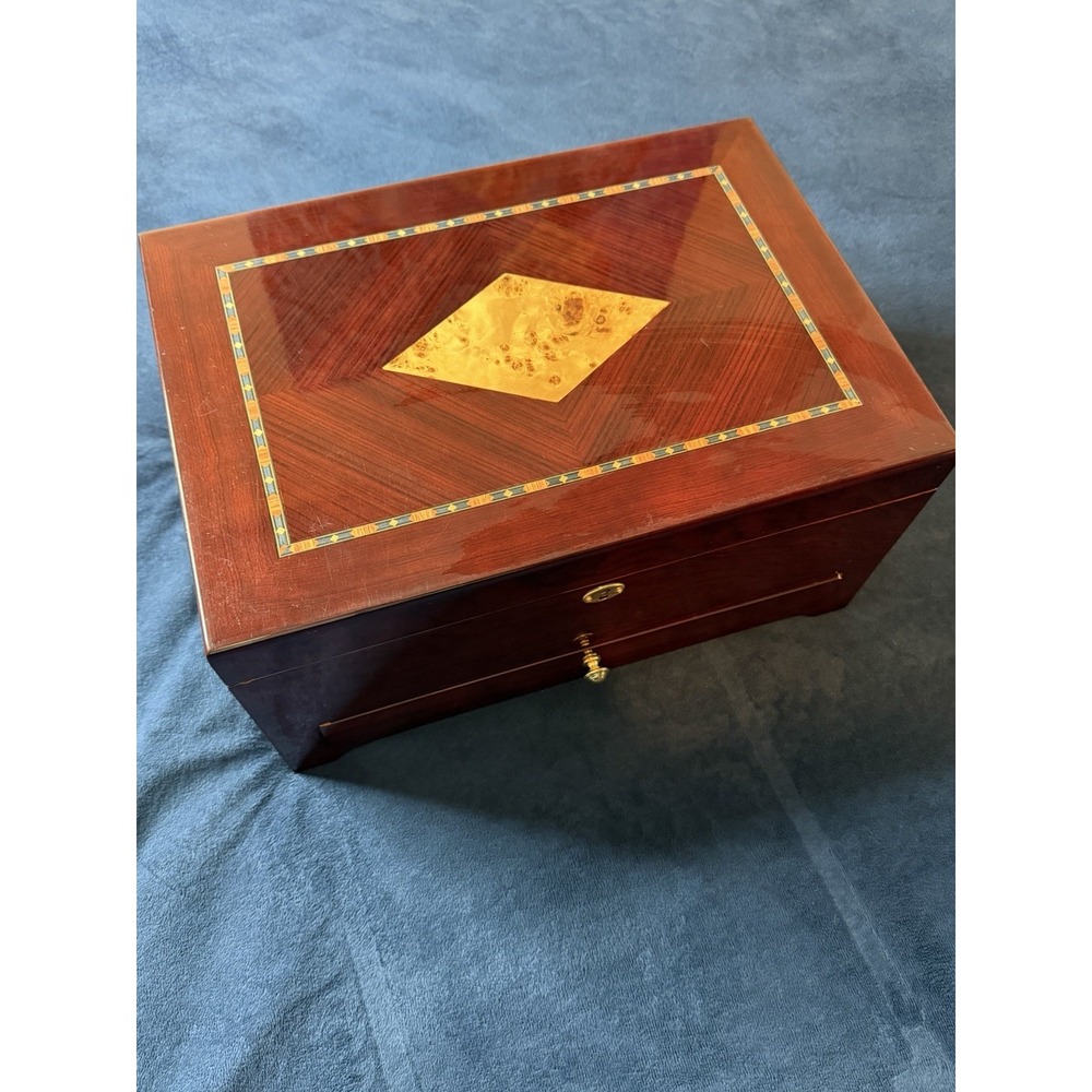Vtg Mahogany Jewelry Box Diamond Inlay Design Mid Century Modern Wood Storage